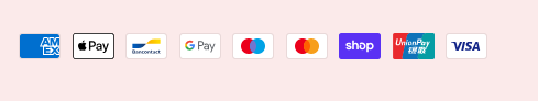 Geaccepteerde betaalmethoden: American Express, Apple Pay, Bancontact, Google Pay, Maestro, Mastercard, Shop Pay, UnionPay, Visa